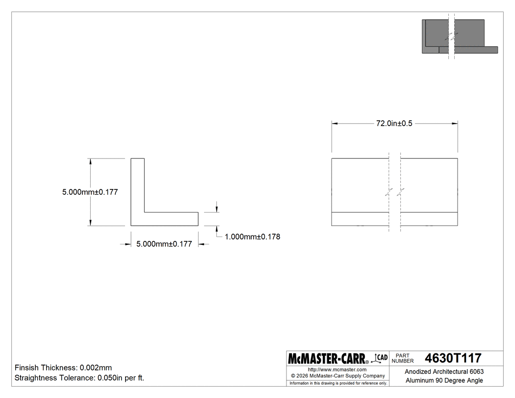 Technical Drawing of Anodized Architectural 6063 Aluminum 90 Degree Angle, 1 mm Wall Thickness, 5 mm High x 5 mm Wide Outside, 6 Feet Long.